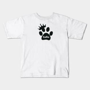 Callie cat name made of hand drawn paw prints Kids T-Shirt